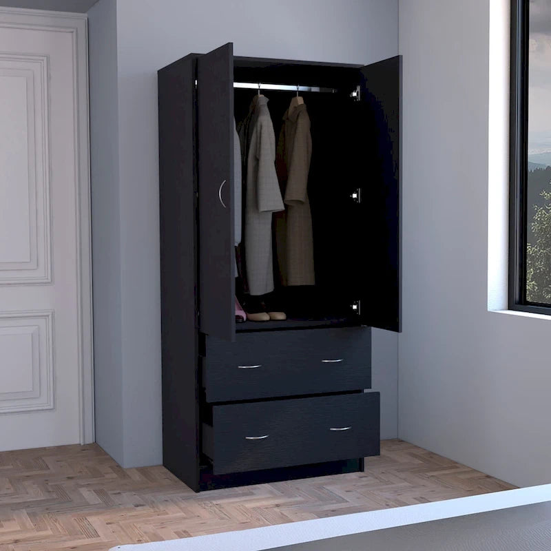 30.9 Armoire moderne à double porte avec deux tiroirs et tringle à vêtements pour chambre à coucher