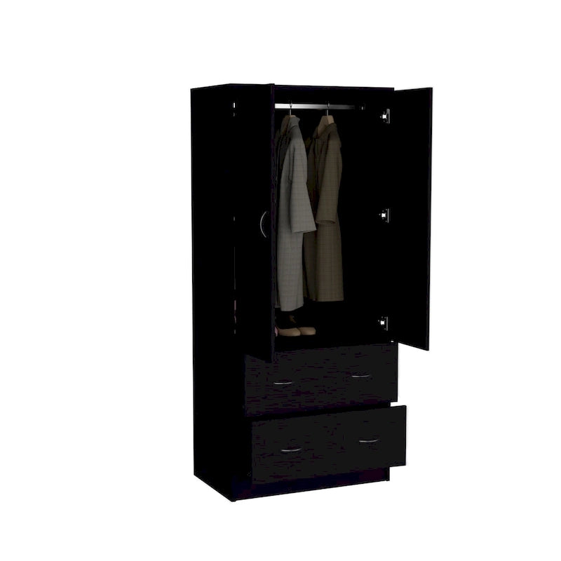 30.9 Armoire moderne à double porte avec deux tiroirs et tringle à vêtements pour chambre à coucher