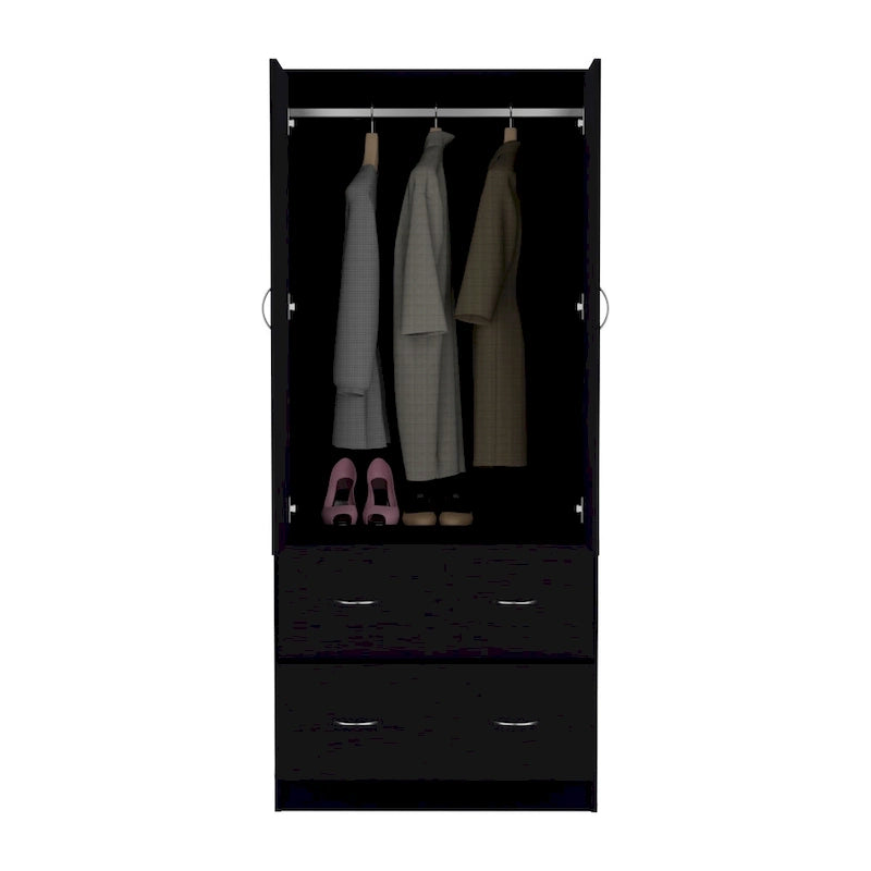 30.9 Armoire moderne à double porte avec deux tiroirs et tringle à vêtements pour chambre à coucher