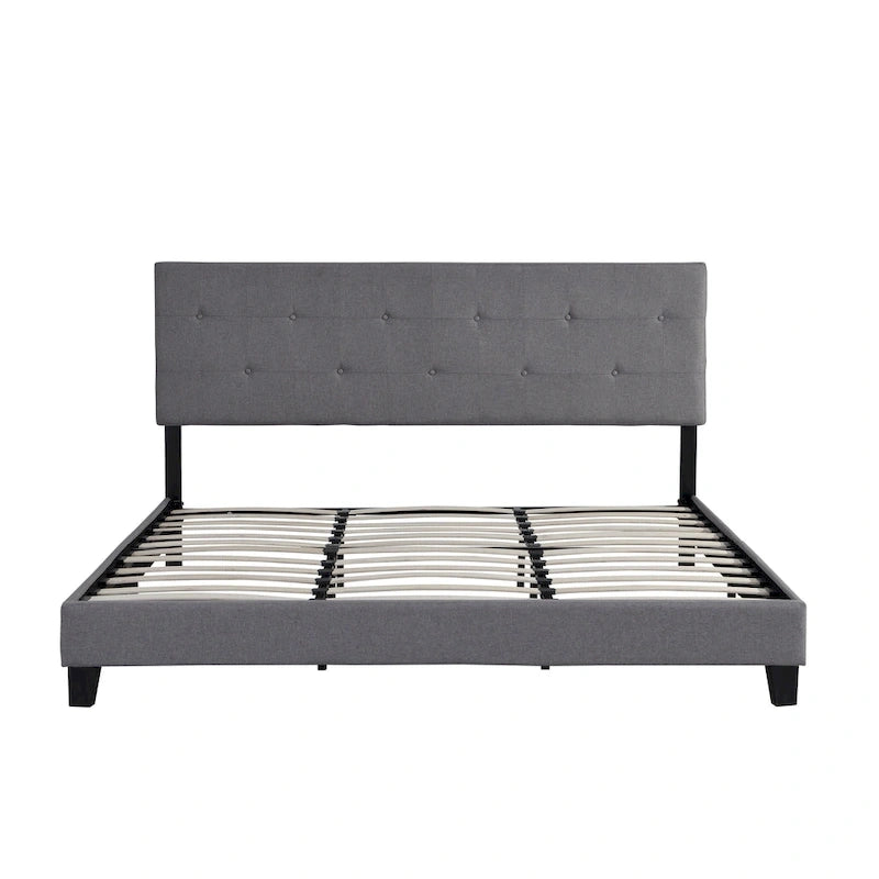 Lit plateforme King capitonné avec tête de lit en lin touffeté de boutons