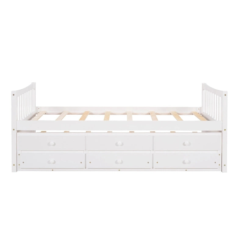 Lit de repos double en bois avec lit gigogne, tiroirs et tête de lit