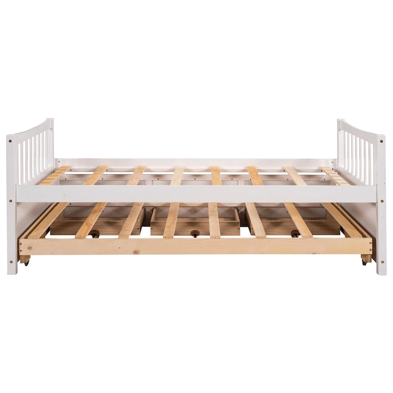 Lit de repos double en bois avec lit gigogne, tiroirs et tête de lit