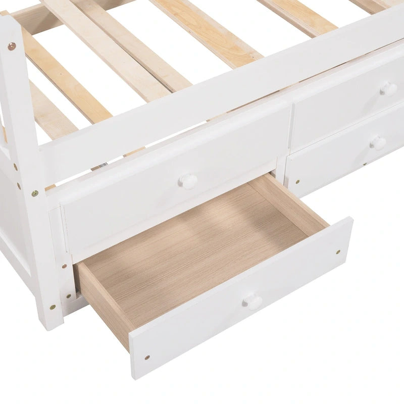 Lit de repos double en bois avec lit gigogne, tiroirs et tête de lit
