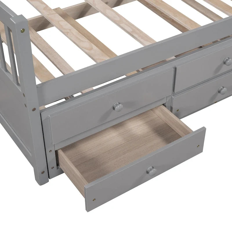 Lit de repos double en bois avec lit gigogne, tiroirs et tête de lit