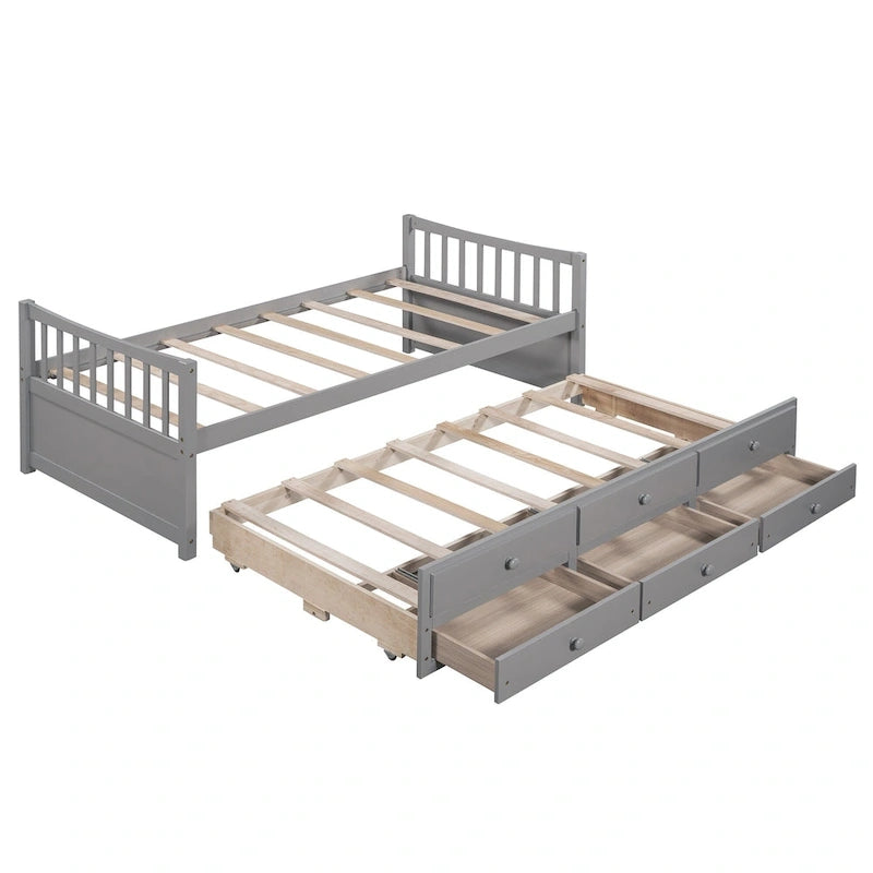 Lit de repos double en bois avec lit gigogne, tiroirs et tête de lit