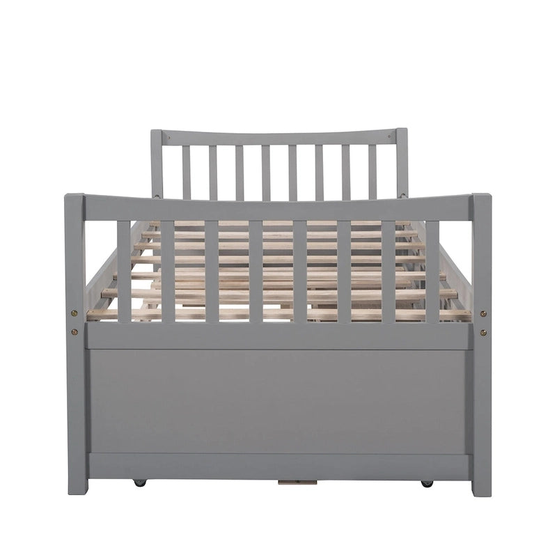 Lit de repos double en bois avec lit gigogne, tiroirs et tête de lit