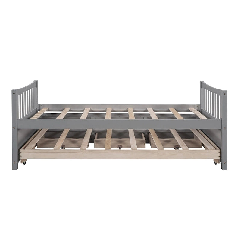 Lit de repos double en bois avec lit gigogne, tiroirs et tête de lit