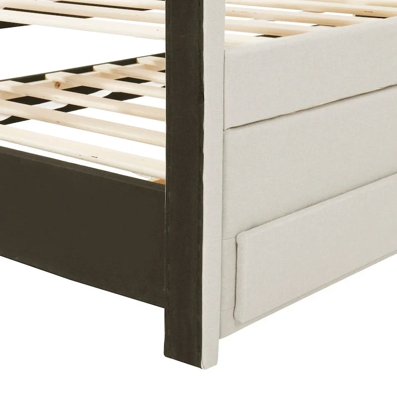 Cadre de lit plateforme capitonné en lin, taille double, avec lit gigogne et 3 tiroirs