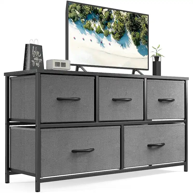 Commode horizontale à 5 tiroirs avec poignée métallique, cadre métallique et plateau en bois pour chambre à coucher
