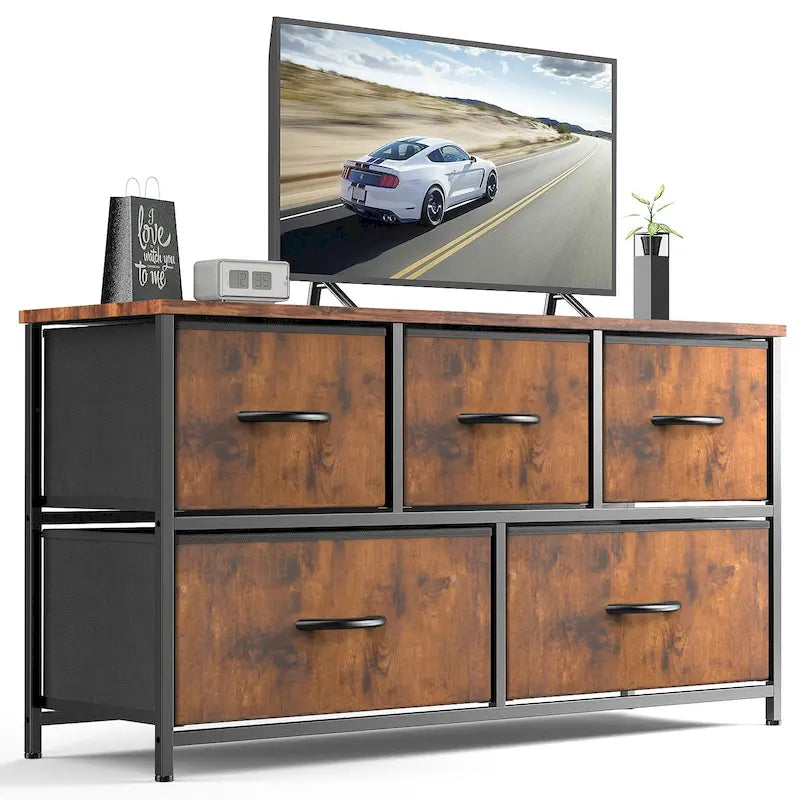 Commode horizontale à 5 tiroirs avec poignée métallique, cadre métallique et plateau en bois pour chambre à coucher