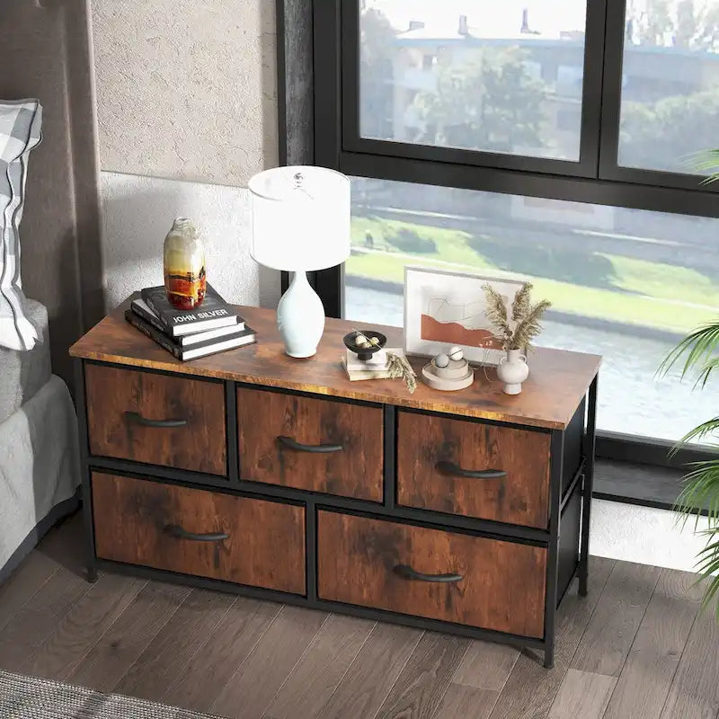 Commode horizontale à 5 tiroirs avec poignée métallique, cadre métallique et plateau en bois pour chambre à coucher
