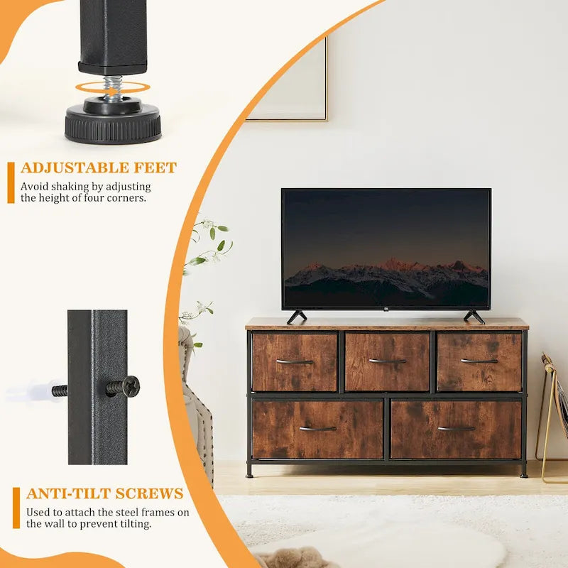 Commode horizontale à 5 tiroirs avec poignée métallique, cadre métallique et plateau en bois pour chambre à coucher