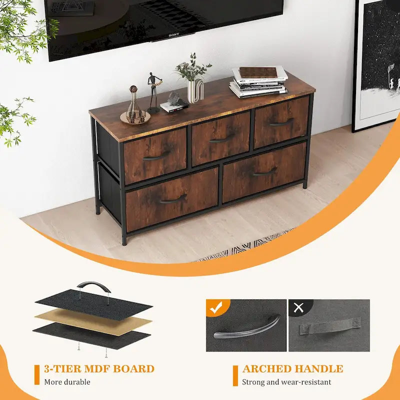 Commode horizontale à 5 tiroirs avec poignée métallique, cadre métallique et plateau en bois pour chambre à coucher