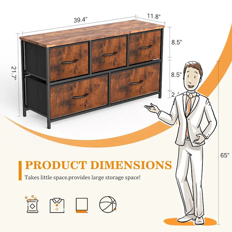Commode horizontale à 5 tiroirs avec poignée métallique, cadre métallique et plateau en bois pour chambre à coucher