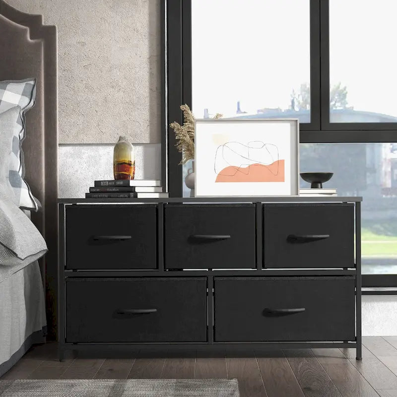 Commode horizontale à 5 tiroirs avec poignée métallique, cadre métallique et plateau en bois pour chambre à coucher