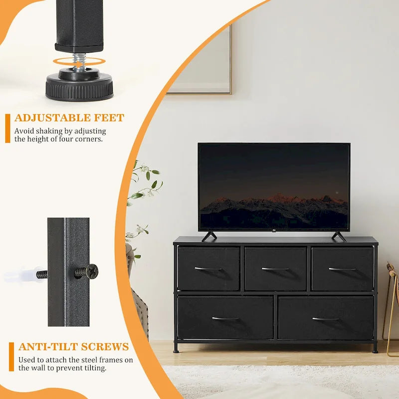 Commode horizontale à 5 tiroirs avec poignée métallique, cadre métallique et plateau en bois pour chambre à coucher