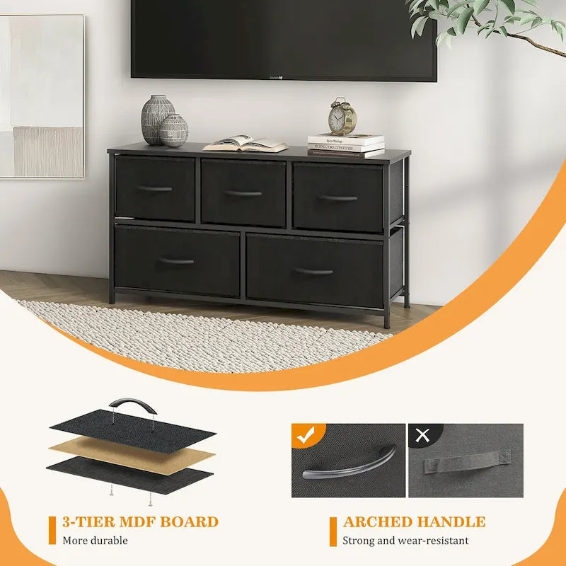 Commode horizontale à 5 tiroirs avec poignée métallique, cadre métallique et plateau en bois pour chambre à coucher