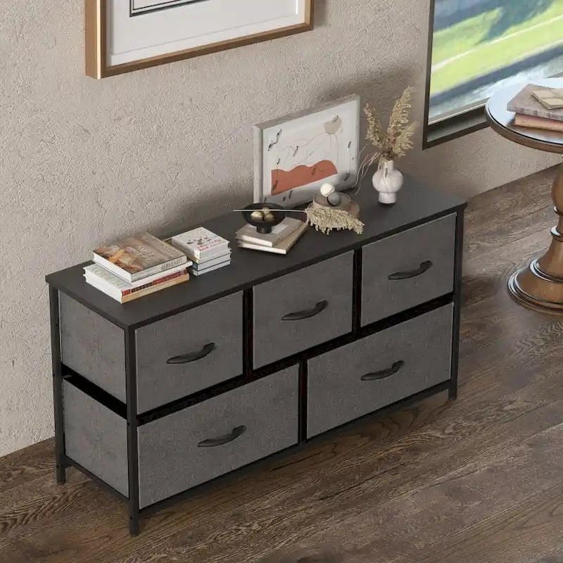 Commode horizontale à 5 tiroirs avec poignée métallique, cadre métallique et plateau en bois pour chambre à coucher
