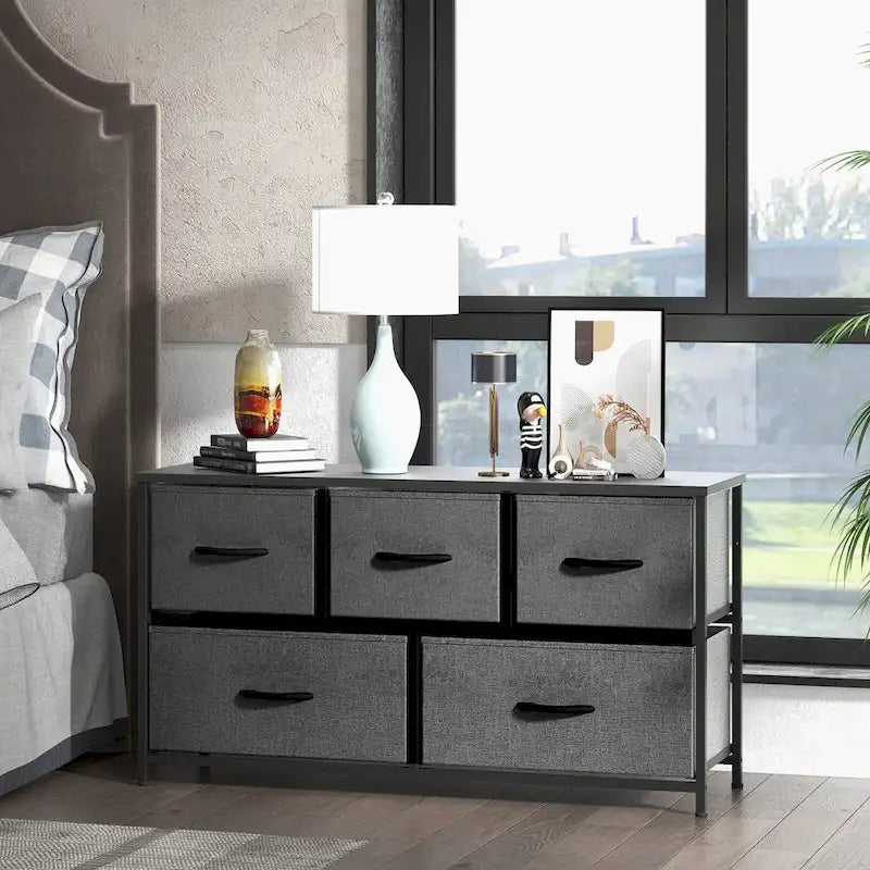 Commode horizontale à 5 tiroirs avec poignée métallique, cadre métallique et plateau en bois pour chambre à coucher