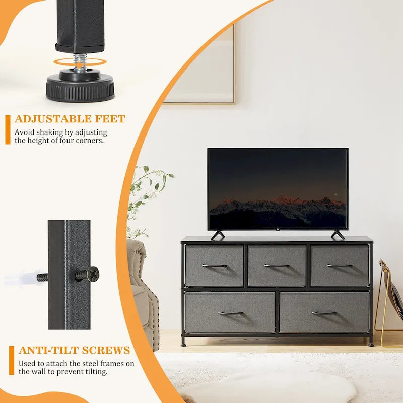 Commode horizontale à 5 tiroirs avec poignée métallique, cadre métallique et plateau en bois pour chambre à coucher