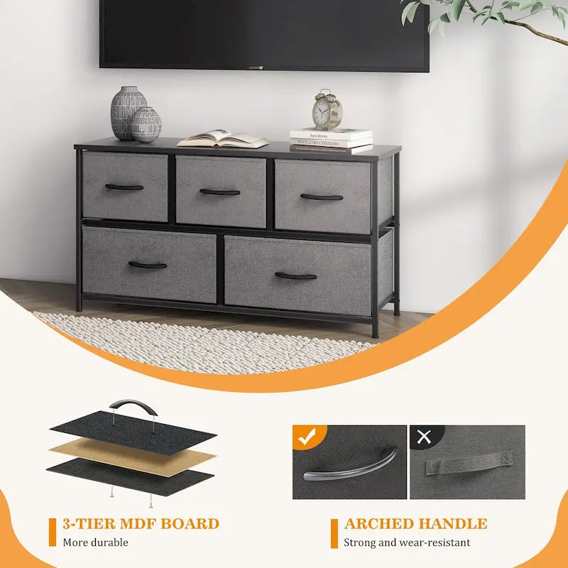 Commode horizontale à 5 tiroirs avec poignée métallique, cadre métallique et plateau en bois pour chambre à coucher