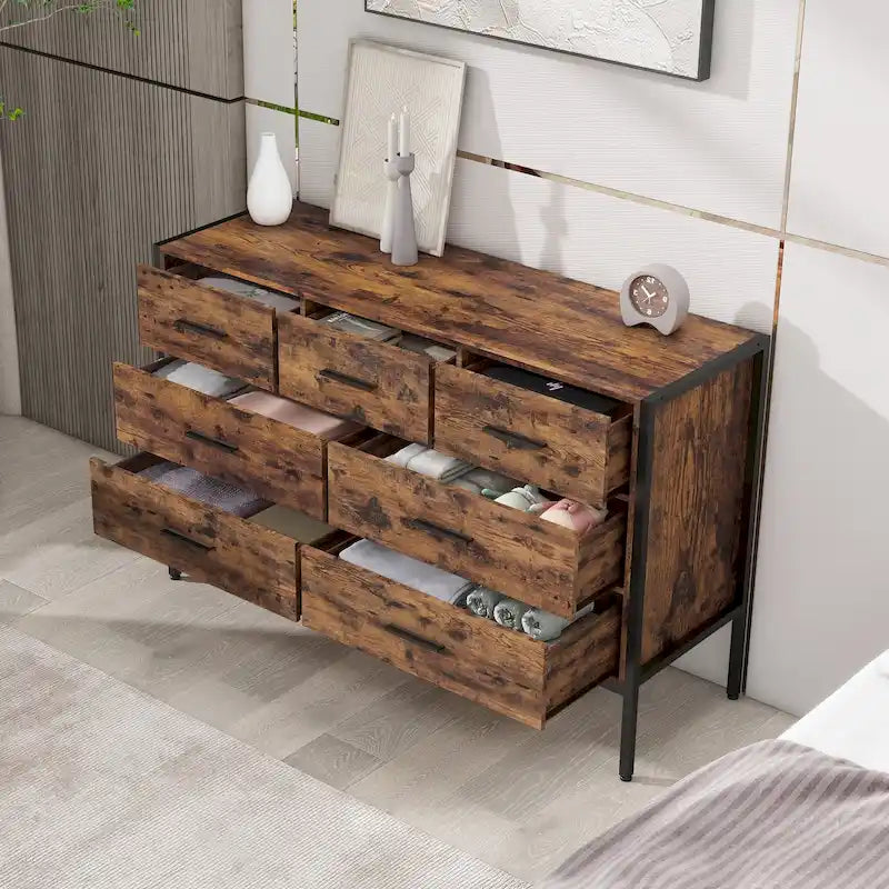 Commode horizontale à 7 tiroirs, Armoire de rangement en bois pour chambre à coucher, Meuble de rangement solide avec cadre en acier robuste