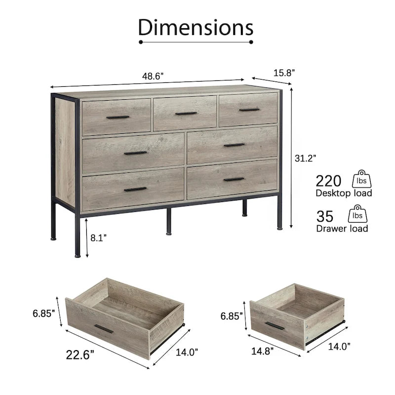 Commode horizontale à 7 tiroirs, Armoire de rangement en bois pour chambre à coucher, Meuble de rangement solide avec cadre en acier robuste