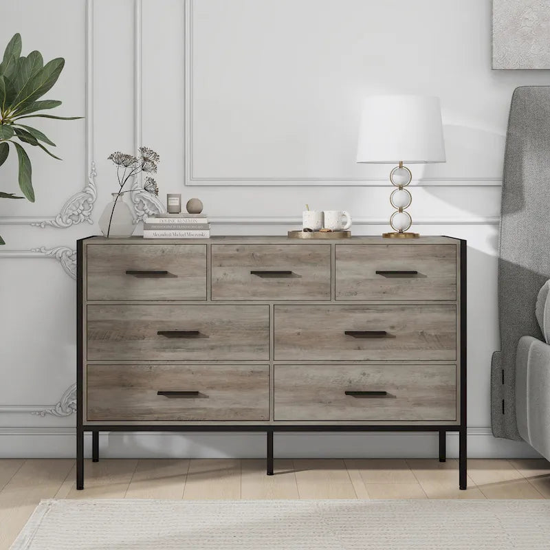 Commode horizontale à 7 tiroirs, Armoire de rangement en bois pour chambre à coucher, Meuble de rangement solide avec cadre en acier robuste