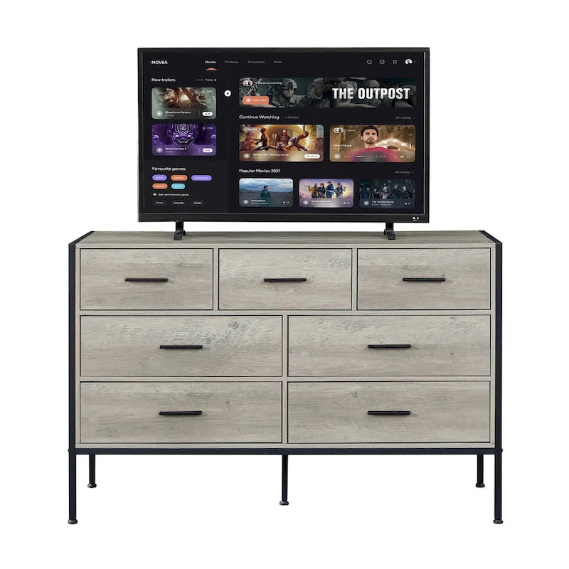Commode horizontale à 7 tiroirs, Armoire de rangement en bois pour chambre à coucher, Meuble de rangement solide avec cadre en acier robuste