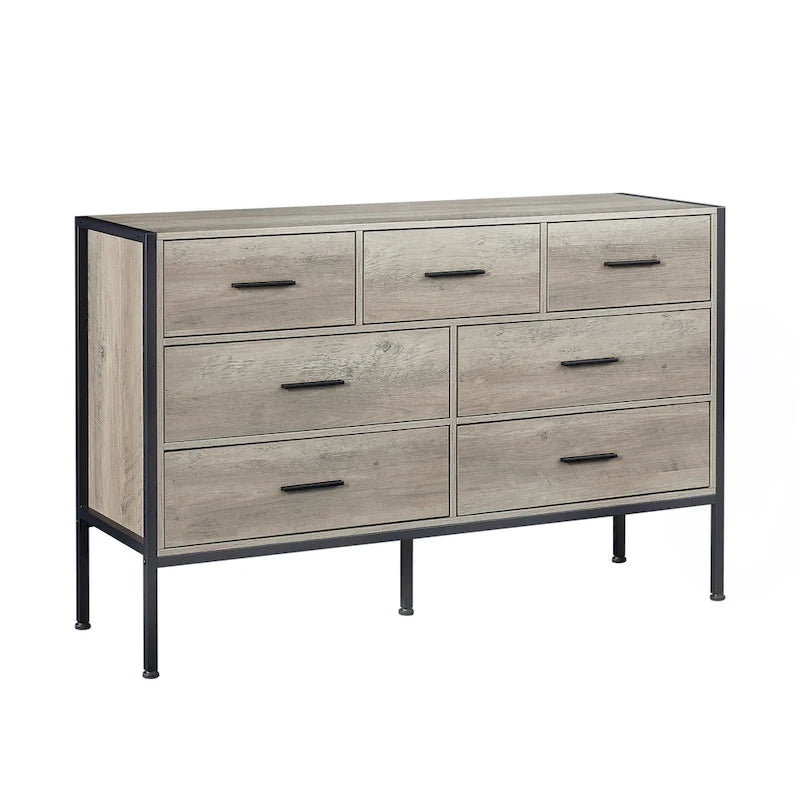 Commode horizontale à 7 tiroirs, Armoire de rangement en bois pour chambre à coucher, Meuble de rangement solide avec cadre en acier robuste