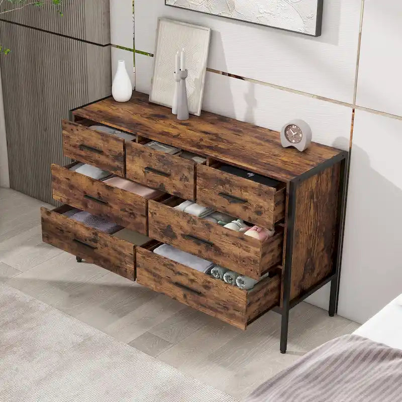 Commode horizontale à 7 tiroirs, Armoire de rangement en bois pour chambre à coucher, Meuble de rangement solide avec cadre en acier robuste
