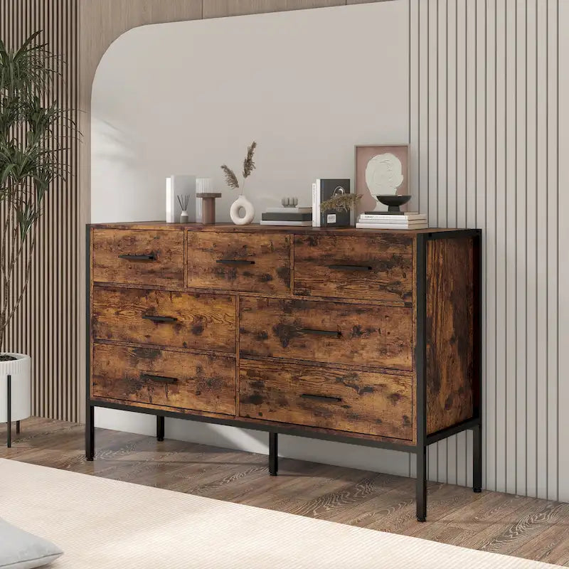 Commode horizontale à 7 tiroirs, Armoire de rangement en bois pour chambre à coucher, Meuble de rangement solide avec cadre en acier robuste
