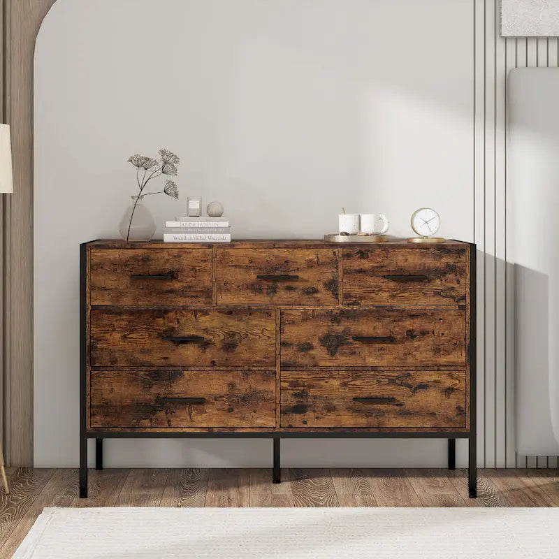 Commode horizontale à 7 tiroirs, Armoire de rangement en bois pour chambre à coucher, Meuble de rangement solide avec cadre en acier robuste