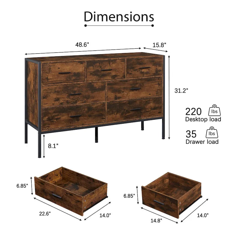 Commode horizontale à 7 tiroirs, Armoire de rangement en bois pour chambre à coucher, Meuble de rangement solide avec cadre en acier robuste