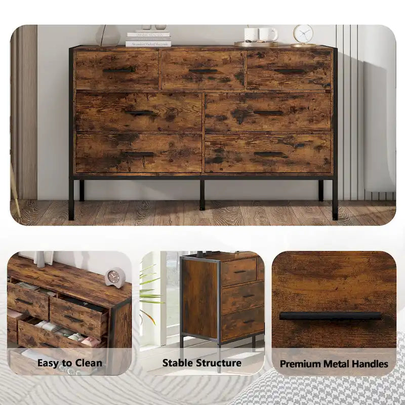 Commode horizontale à 7 tiroirs, Armoire de rangement en bois pour chambre à coucher, Meuble de rangement solide avec cadre en acier robuste