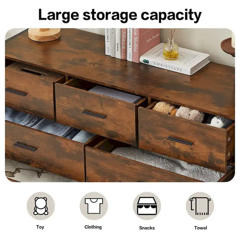 Commode horizontale à 7 tiroirs, Armoire de rangement en bois pour chambre à coucher, Meuble de rangement solide avec cadre en acier robuste