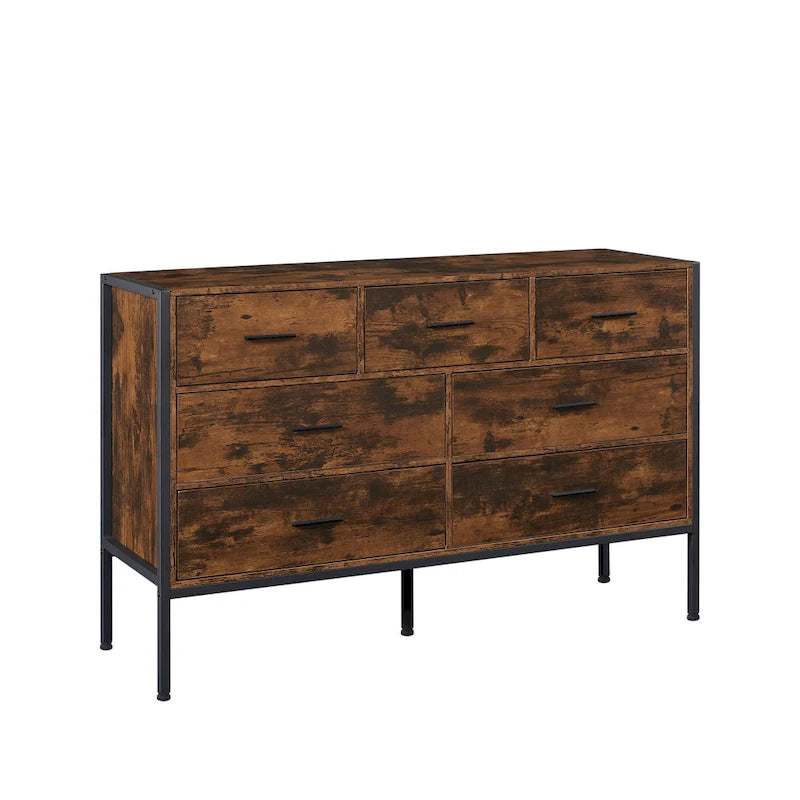 Commode horizontale à 7 tiroirs, Armoire de rangement en bois pour chambre à coucher, Meuble de rangement solide avec cadre en acier robuste