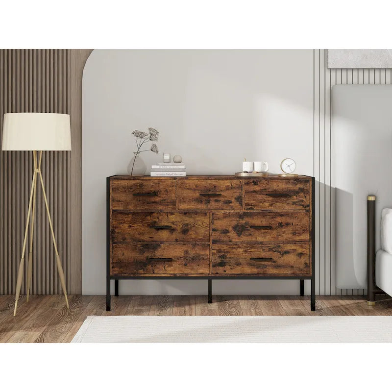 Commode horizontale à 7 tiroirs, Armoire de rangement en bois pour chambre à coucher, Meuble de rangement solide avec cadre en acier robuste