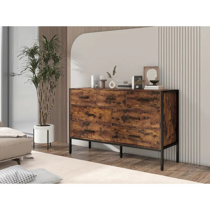 Commode horizontale à 7 tiroirs, Armoire de rangement en bois pour chambre à coucher, Meuble de rangement solide avec cadre en acier robuste