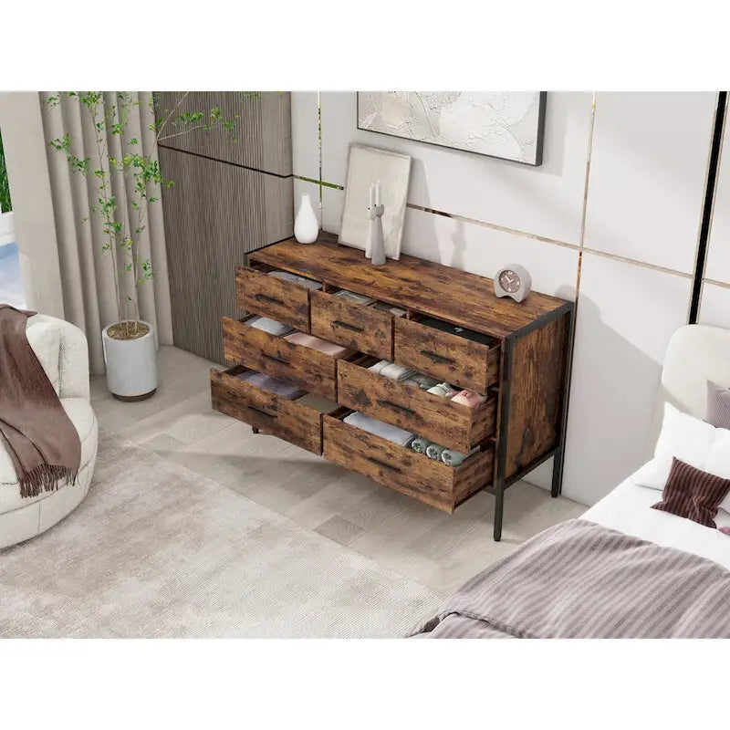 Commode horizontale à 7 tiroirs, Armoire de rangement en bois pour chambre à coucher, Meuble de rangement solide avec cadre en acier robuste
