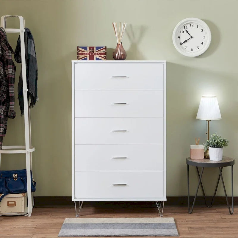 Commode verticale 5 tiroirs en bois massif, commode moderne en bois avec grand espace de rangement pour chambre à coucher, salon