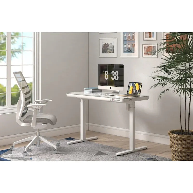 KOWO Bureau électrique debout en verre de 48 pouces avec plateau en verre trempé, poste de travail assis-debout réglable en hauteur pour bureau moderne