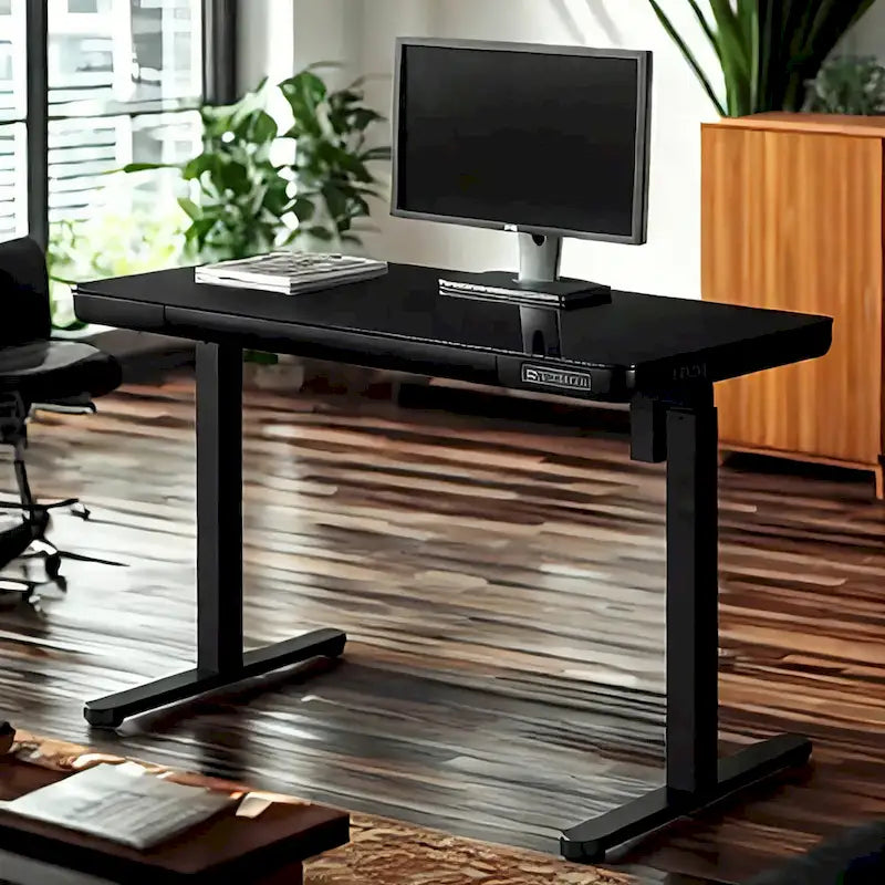 KOWO Bureau électrique debout en verre de 48 pouces avec plateau en verre trempé, poste de travail assis-debout réglable en hauteur pour bureau moderne