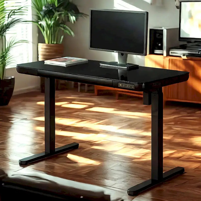 KOWO Bureau électrique debout en verre de 48 pouces avec plateau en verre trempé, poste de travail assis-debout réglable en hauteur pour bureau moderne