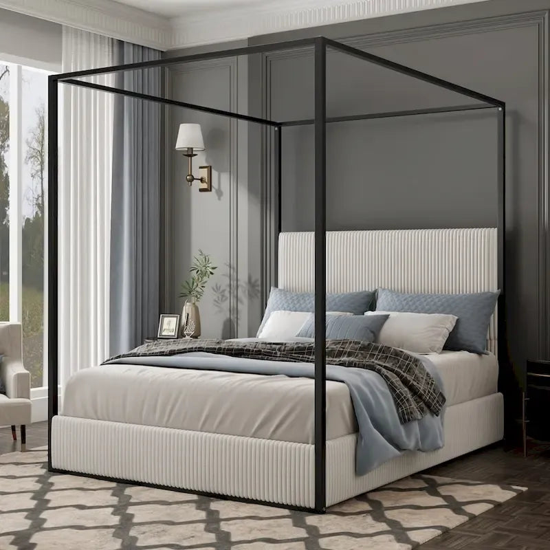 Lit à baldaquin moderne en métal de luxe avec tête de lit capitonnée haute