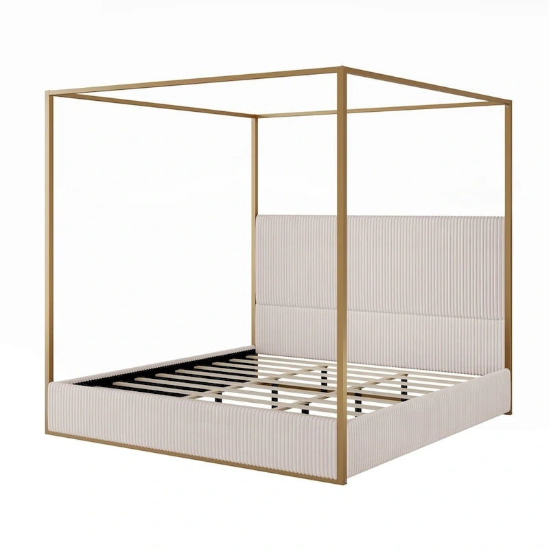 Lit à baldaquin moderne en métal de luxe avec tête de lit capitonnée haute