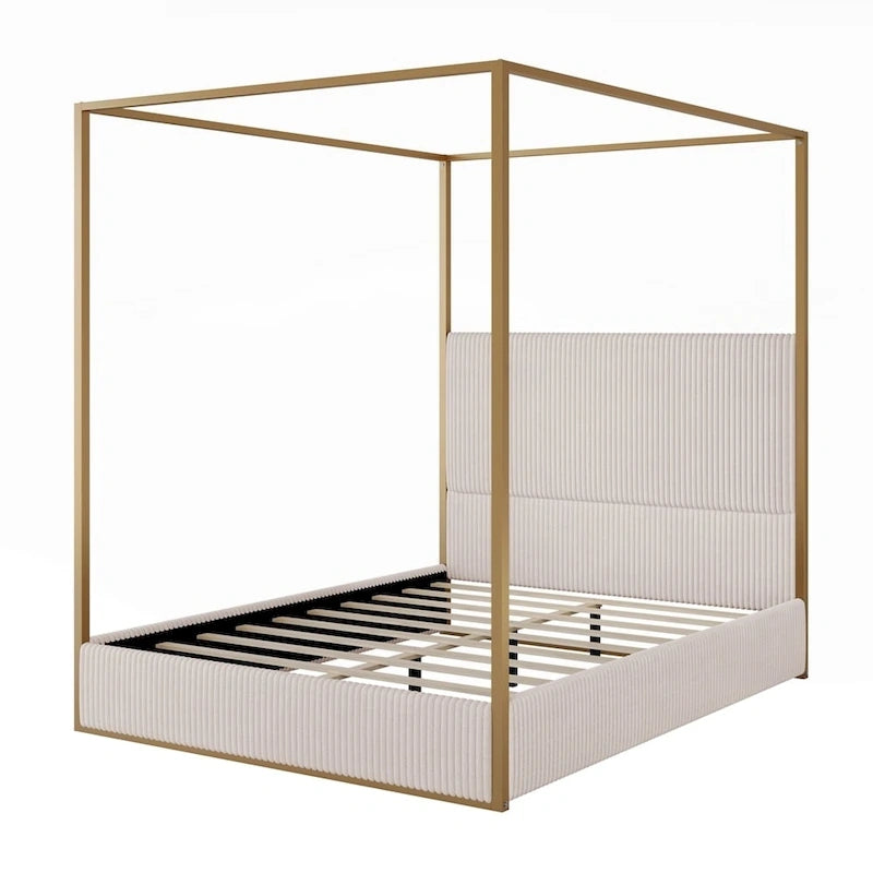 Lit à baldaquin moderne en métal de luxe avec tête de lit capitonnée haute