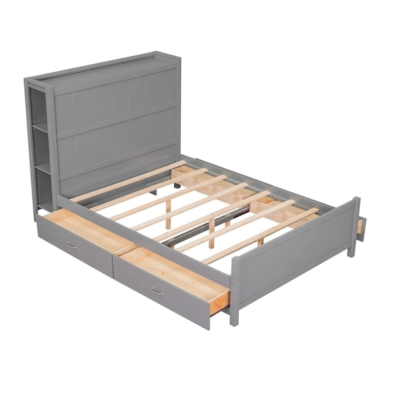 Lit plateforme double Merax avec tiroirs et étagères de rangement