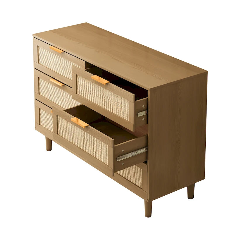 Commode en rotin et bois à 6 tiroirs