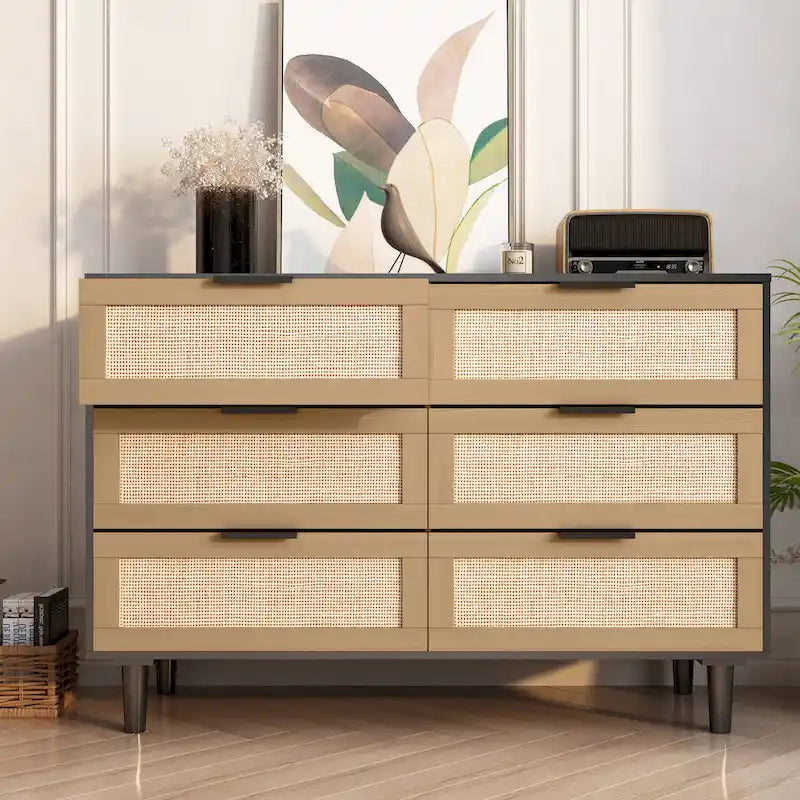 Commode en rotin et bois à 6 tiroirs